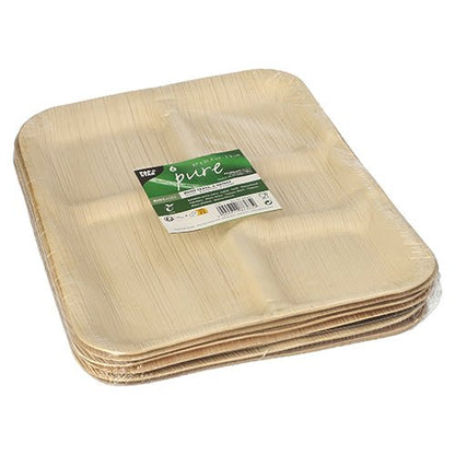 A stack of rectangular, beige PAPSTAR 6 plates, palm leaf "pure" 5-divided from PAPSTAR GmbH, made from biodegradable natural materials, divided and packed in a plastic packaging with a green-white label on top.