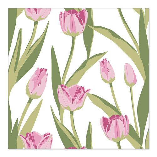Illustration of pink blooming tulips with green leaves on white, ideal as a repeatable template for PAPSTAR 20 napkins, 33cm x 33cm 3-ply 1/4-fold design set 1 by PAPSTAR GmbH.