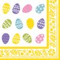 The PAPSTAR napkins "Colorful Eggs" (40x40 cm, 1/4 fold, 50 pieces) from PAPSTAR GmbH feature twelve colorful Easter eggs with various patterns on a white background and a yellow floral border.
