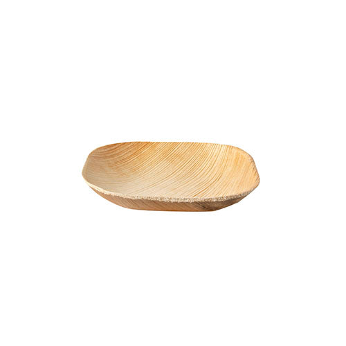 The PAPSTAR 25 plates, palm leaf "pure" of PAPSTAR GmbH is a square wooden bowl with rounded edges and visible wood grain, made from natural materials and depicted on a white background.