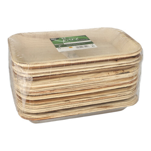 A stack of PAPSTAR 25 tablets, palm leaf "pure" square by PAPSTAR GmbH, packaged in clear foil with a green-white label; these rectangular plates are biodegradable.