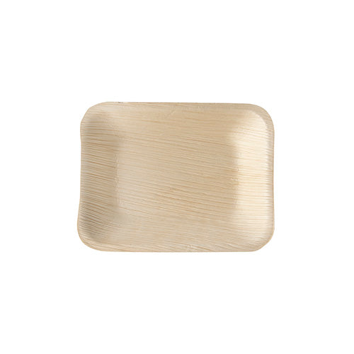 The PAPSTAR 25 trays, palm leaf "pure" square from PAPSTAR GmbH is a rectangular, light brown palm leaf tray with raised edges and a textured surface, depicted from above on a white background.