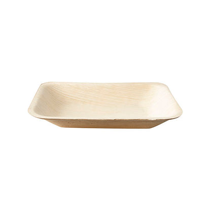 The PAPSTAR 25 trays, palm leaf "pure" square from PAPSTAR GmbH is a rectangular, flat, light disposable tray with rounded corners made from natural palm leaf. The empty tray stands on a plain white background.