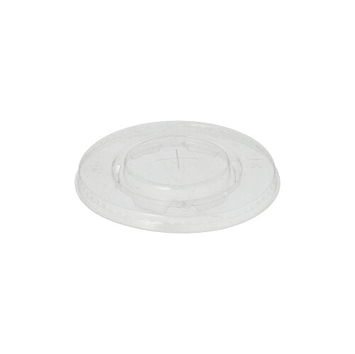 The PAPSTAR lid round Ø 9.5 cm, crystal clear, made of biodegradable PLA "pure" with cross-slot opening from PAPSTAR GmbH is round with a slightly raised center and is delivered in a pack of 100.