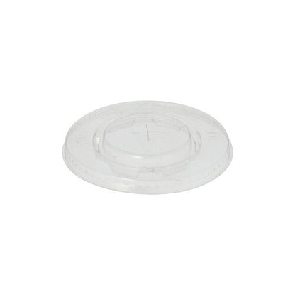 The PAPSTAR lid round Ø 9.5 cm, crystal clear, made of biodegradable PLA "pure" with cross-slot opening from PAPSTAR GmbH is round with a slightly raised center and is delivered in a pack of 100.