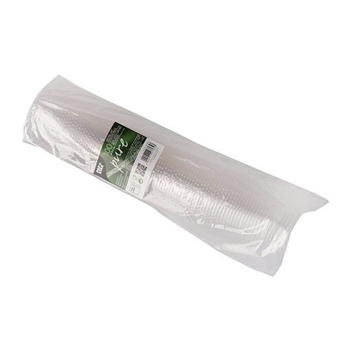 A pack of 100 "pure" round lids (Ø 9.5 cm) from PAPSTAR GmbH made of clear, environmentally friendly PLA, with a green-white label with text, barcode, and "biodegradable", in transparent packaging.