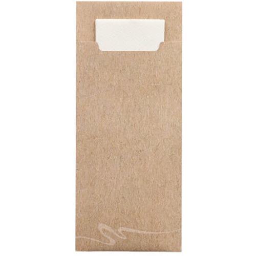 A paper sleeve PAPSTAR 520 cutlery bags (20 x 8.5 cm, 2-ply) from PAPSTAR GmbH holds a matching white napkin (33 x 33 cm) partially visible at the top and features a cutout for easy access to the integrated napkin.