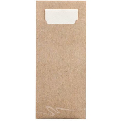 A paper sleeve PAPSTAR 520 cutlery bags (20 x 8.5 cm, 2-ply) from PAPSTAR GmbH holds a matching white napkin (33 x 33 cm) partially visible at the top and features a cutout for easy access to the integrated napkin.