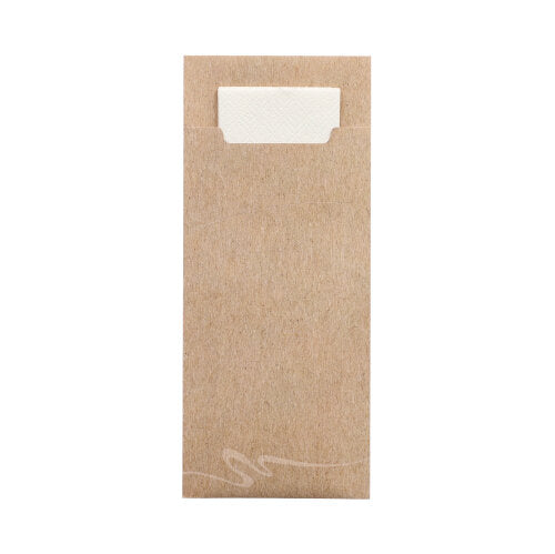 A brown PAPSTAR 520 cutlery bag (20x8.5 cm, 2-ply) from PAPSTAR GmbH shows a protruding white, folded napkin at the top and a subtle white design on a plain white background at the bottom.