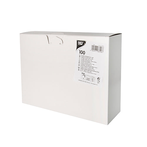 The Starpak 100 cutlery pouches airlaid (40 x 48 cm, with cutlery fold) are delivered in a rectangular white box with a simple lid, two holes on top, a '100' label on the front, a barcode, and care instructions - ideal for table decoration.