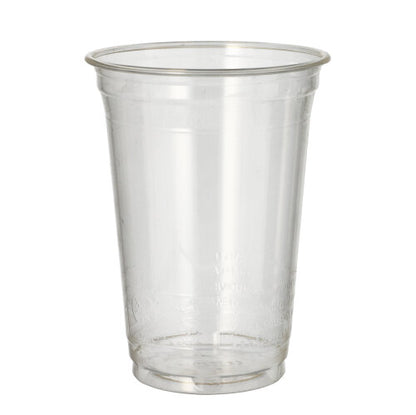 A PAPSTAR cold drink cup PLA "pure" (Ø 9.5 cm, 12.7 cm; 65 pieces) from PAPSTAR GmbH stands crystal clear and empty on a white background - ideal as a biodegradable cup for environmentally friendly cold drinks.