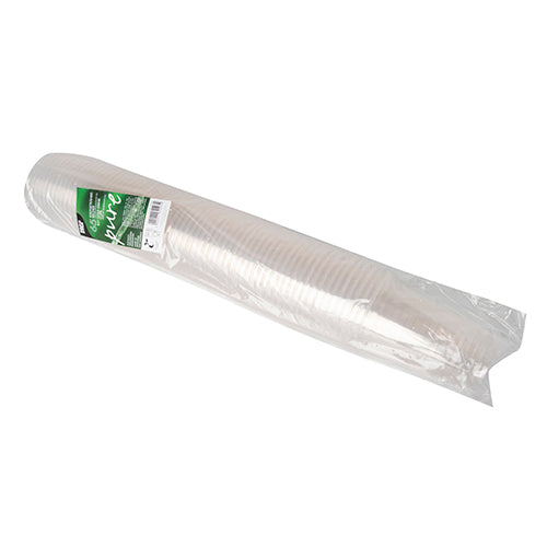 A long, clear plastic sleeve contains 65 PAPSTAR cold drink cups PLA "pure", crystal clear (Ø 9.5 cm, 12.7 cm) from PAPSTAR GmbH, with a green-white label on the packaging.