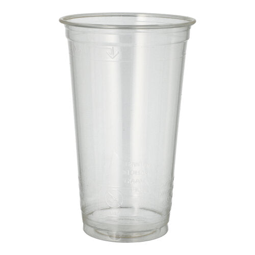 The PAPSTAR cold drink cup PLA "pure", crystal clear (Ø 9.5 cm, 15.14 cm) from PAPSTAR GmbH stands upright as a biodegradable disposable cup made of plastic on a simple white background.
