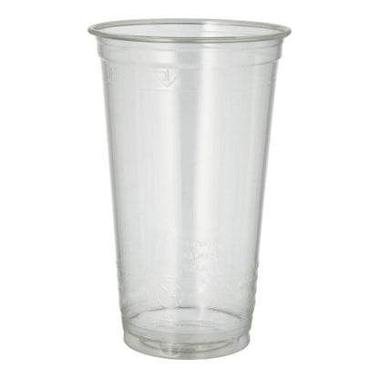 The PAPSTAR cold drink cup PLA "pure", crystal clear (Ø 9.5 cm, 15.14 cm) from PAPSTAR GmbH stands upright as a biodegradable disposable cup made of plastic on a simple white background.