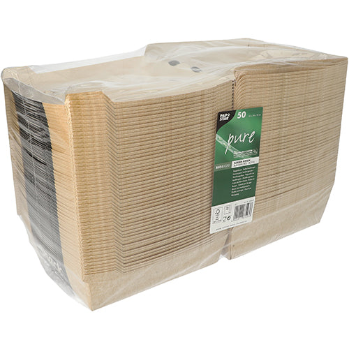 Ein Stapel von 50 PAPSTAR "pure" Burgerboxen der PAPSTAR GmbH, aus Karton, in klarer Plastikfolie mit grünem Etikett - die umweltfreundliche Hamburger-Box für nachhaltige Verpackung.