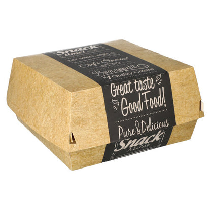The PAPSTAR 50 burger boxes, cardboard "pure" "Good Food" of PAPSTAR GmbH is a closed, eco-friendly hamburger box with brown wrapping and white lettering: "Great taste, Good Food! Pure & Delicious, Snack La Carte," on a white background.
