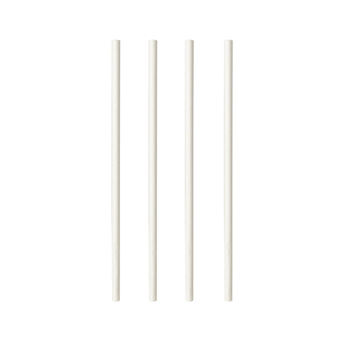 Four PAPSTAR 100 straws, paper "pure" (Ø 6 mm, 20 cm) from PAPSTAR GmbH are arranged vertically on a white background, highlighting their eco-friendly and biodegradable alternative for environmentally conscious drinking.