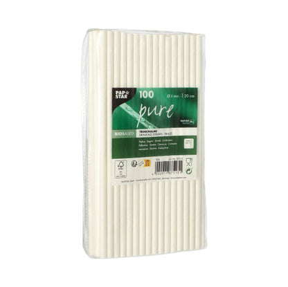 A transparent plastic package with 100 white PAPSTAR 100 straws, paper "pure" Ø 6 mm · 20 cm from PAPSTAR GmbH, featuring a green-white label with brand and product details; eco-friendly and biodegradable.