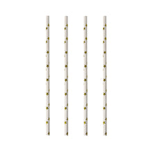 Vier PAPSTAR 100 Trinkhalme (Ø 6 mm) der PAPSTAR GmbH mit gelben Sternmustern sind senkrecht auf weißem Grund angeordnet.