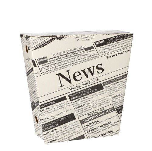 The PAPSTAR French fries scoop "Newsprint" from PAPSTAR GmbH is a rectangular paper and foil holder with a foldable lid, featuring black text, headlines, and classifieds in newspaper style on a white background. "News" and the date "Monday, April 2, 2018" are visible.