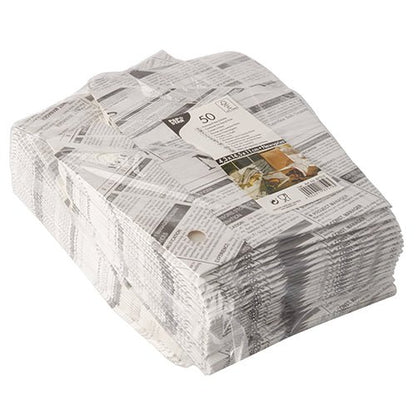 A pack of 50 PAPSTAR French fries scoops "Newsprint" with foldable lids made of paper/cardboard and foil with black-and-white newspaper print. Ideal for serving French fries. Brand: PAPSTAR GmbH.