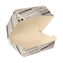 The PAPSTAR burger boxes "Newsprint" large (7.8x11x11.5 cm, cardboard), by PAPSTAR GmbH, are shown open and empty with their newspaper design on a white background. The package contains 50 pieces in shrink wrap.
