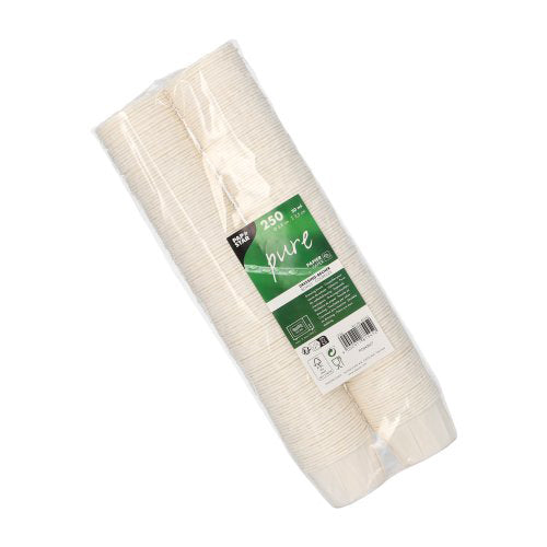 A pack of 250 PAPSTAR "pure" round white paper dressing cups by PAPSTAR GmbH, FSC-certified, sustainably wrapped in foil and provided with a green-white product info label.