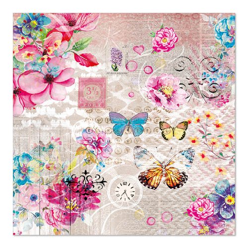 PAPSTAR 20 napkins, 33 cm x 33 cm 3-ply, set 2 from PAPSTAR GmbH shows a vibrant collage of flowers, butterflies, and vintage motifs on a textured background - perfect to embellish any table.