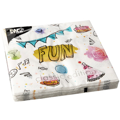 PAPSTAR GmbH 20 Servietten, 33x33 cm, 3-lagig, Design Set 4: bunte Party-Motive wie "FUN", Partyhüte, Kuchen, Pizza, Getränke und Noten. Verpackung mit Aufschrift "classic edition".