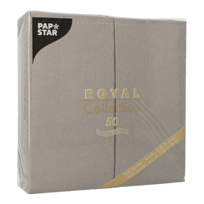 A sealed package with 50 gray PAPSTAR napkins from the "ROYAL Collection", 1/8-fold, 40 x 40 cm – ideal for elegantly set tables.
