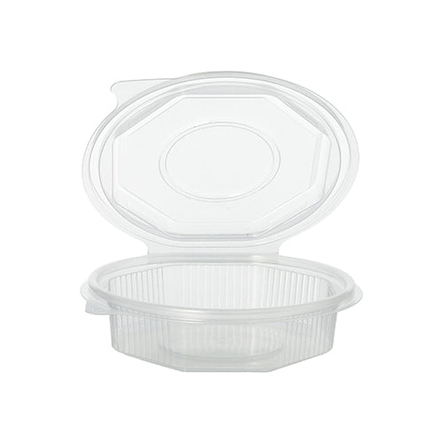 The Starpak 50 packaging cups with hinged lids are transparent, octagonal cups made of polypropylene with a practical hinged lid, depicted open against a white background.