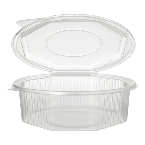 Ein transparenter, 8-eckiger Starpak Verpackungsbecher (1,5 l, 5,9 x 18 x 18 cm) mit Klappdeckel lässt sich öffnen und gibt den Blick auf den leeren Inhalt frei. Der PP-Behälter hat vertikale Seitenrippen und einen glatten, flachen Boden. Erhältlich als Packung mit 25 Stück mit Folie.