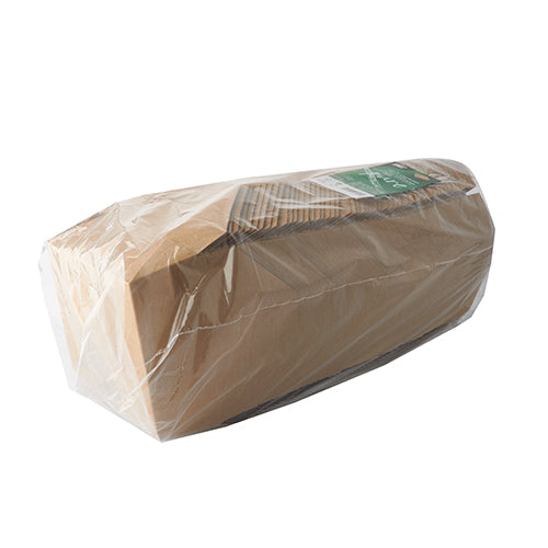 The 50 lunch boxes "Cardboard pure" brown by PAPSTAR GmbH are environmentally friendly lunch boxes made of brown paper, ideal for packing sandwiches, depicted in a transparent packaging with a brown label on a white background.