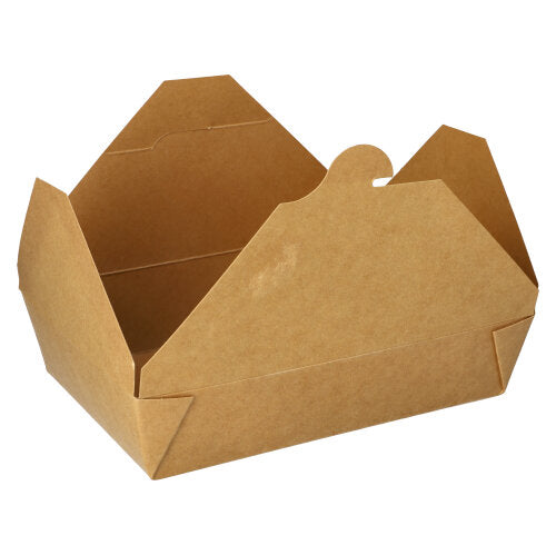 The PAPSTAR 50 lunch boxes made of brown cardboard "pure" by PAPSTAR GmbH are biodegradable, have folded sides and an open lid - practical and environmentally friendly for carrying.