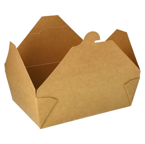 The PAPSTAR 50 lunch boxes made of cardboard "pure" brown by PAPSTAR GmbH are biodegradable and are shown in the image with open flaps slanted against a white background.