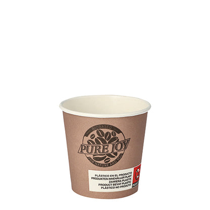 A purple PAPSTAR paper drinking cup with the "Pure Joy" logo and a shrink wrap, 6 cm diameter (pack of 20), by PAPSTAR GmbH, depicted on a plain white background.