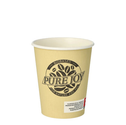 The PAPSTAR 20 drinking cups (cardboard, 0.2 l, Ø 8 cm) from PAPSTAR GmbH are beige eco-cups with "PURE JOY", coffee bean graphics in black, "BIOBASED FOR NATURE AND YOU" and a small white-red label on the bottom.