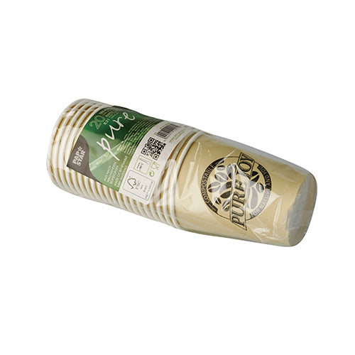 A sealed stack of PAPSTAR 20 drinking cups, cardboard 0.2 l Ø 8 cm from PAPSTAR GmbH with a green-white label with product information and QR codes on a white background.