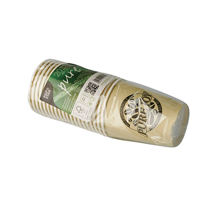 A sealed stack of PAPSTAR 20 drinking cups, cardboard 0.2 l Ø 8 cm from PAPSTAR GmbH with a green-white label with product information and QR codes on a white background.