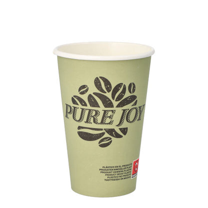 A light green PAPSTAR GmbH cardboard drinking cup "Pure Joy" (Ø 8 cm, 11.7 cm high) with a coffee bean motif and a small red and white label near the bottom, depicted vertically on a white background. The package contains 20 cups.