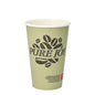 A light green PAPSTAR GmbH cardboard drinking cup "Pure Joy" (Ø 8 cm, 11.7 cm high) with a coffee bean motif and a small red and white label near the bottom, depicted vertically on a white background. The package contains 20 cups.