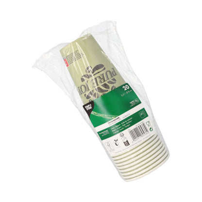 A 20-pack of PAPSTAR cardboard drinking cups green "Pure Joy" (Ø 8 cm, 11.7 cm high) of PAPSTAR GmbH, stacked together with a green and white label with product information, recycling symbols, and a barcode, wrapped in plastic.