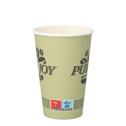 A light green PAPSTAR GmbH "Pure Joy" cardboard drinking cup (Ø 8 cm, 11.7 cm high, 20 pieces) with black "ENJOY" lettering, a coffee bean motif, and a red and blue warning label at the bottom with information about the plastic content.