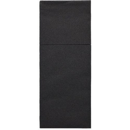 The Starpak 100 cutlery pouches, airlaid 40x48 cm with cutlery fold, feature an elegant black rectangular design with a subtle horizontal division and a textured airlaid surface, reminiscent of elegant table decoration.