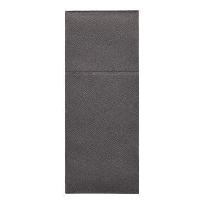 The Starpak 100 cutlery pouches, airlaid 40x48 cm with cutlery fold, are a dark gray, rectangular, textured mat divided by a horizontal line and displayed flat on a white background - ideal for modern table decoration.