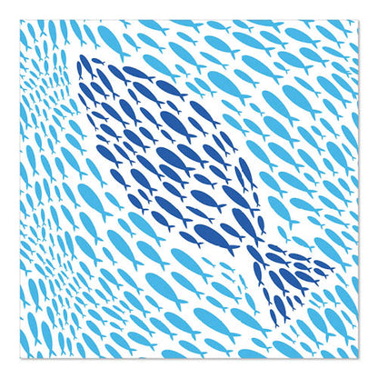 Small blue fish form a larger fish in various shades of blue on a white background. This motif adorns the 20 napkins, 33 cm x 33 cm, 3-ply, Design Set 6 from PAPSTAR GmbH and brings charm to the set table.