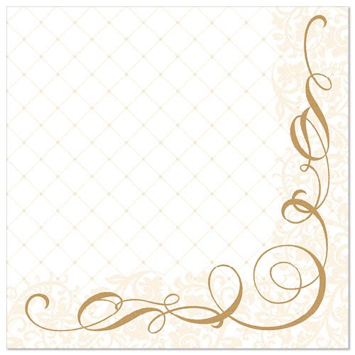 The PAPSTAR GmbH 50 napkins "ROYAL Collection" are white, 40 x 40 cm paper napkins with a subtle diamond pattern and elegant golden floral swirls in the lower right corner.
