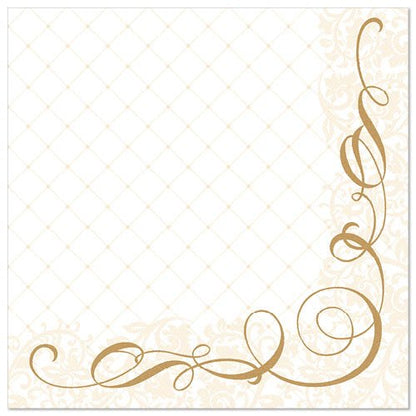 The PAPSTAR GmbH 50 napkins "ROYAL Collection" are white, 40 x 40 cm paper napkins with a subtle diamond pattern and elegant golden floral swirls in the lower right corner.