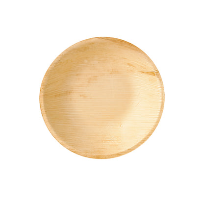 A round, flat PAPSTAR palm leaf bowl (17.5 cm, set of 6), environmentally friendly, with a smooth surface photographed from above against a white background.