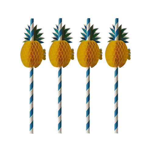 On a plain white background are four eco-friendly paper straws from PAPSTAR GmbH (PAPSTAR 50 straws, paper Ø 6 mm · 20 cm) with blue and white stripes and yellow pineapple attachments.